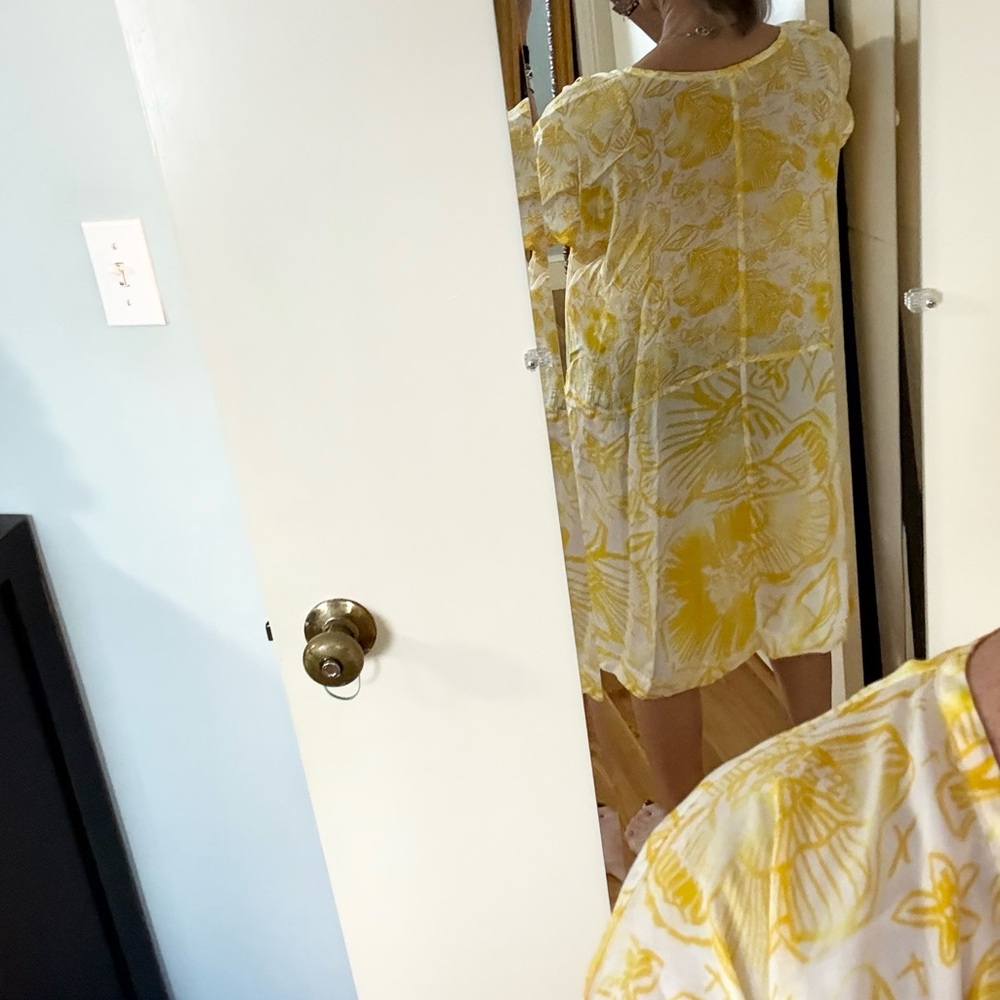 Anthropologie Lilka Nadyia Printed Caftan XS | Yellow Semi Sheer Beach Cover Up - Picture 9 of 15